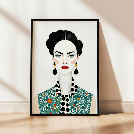 Løft interiøret ditt med Bold Harmony – Kunstplakat med Stilrent Design, en dristig og sofistikert illustrasjon som kombinerer kontrasterende mønstre med tidløs eleganse. Illustrasjon viser plakat i sort ramme.