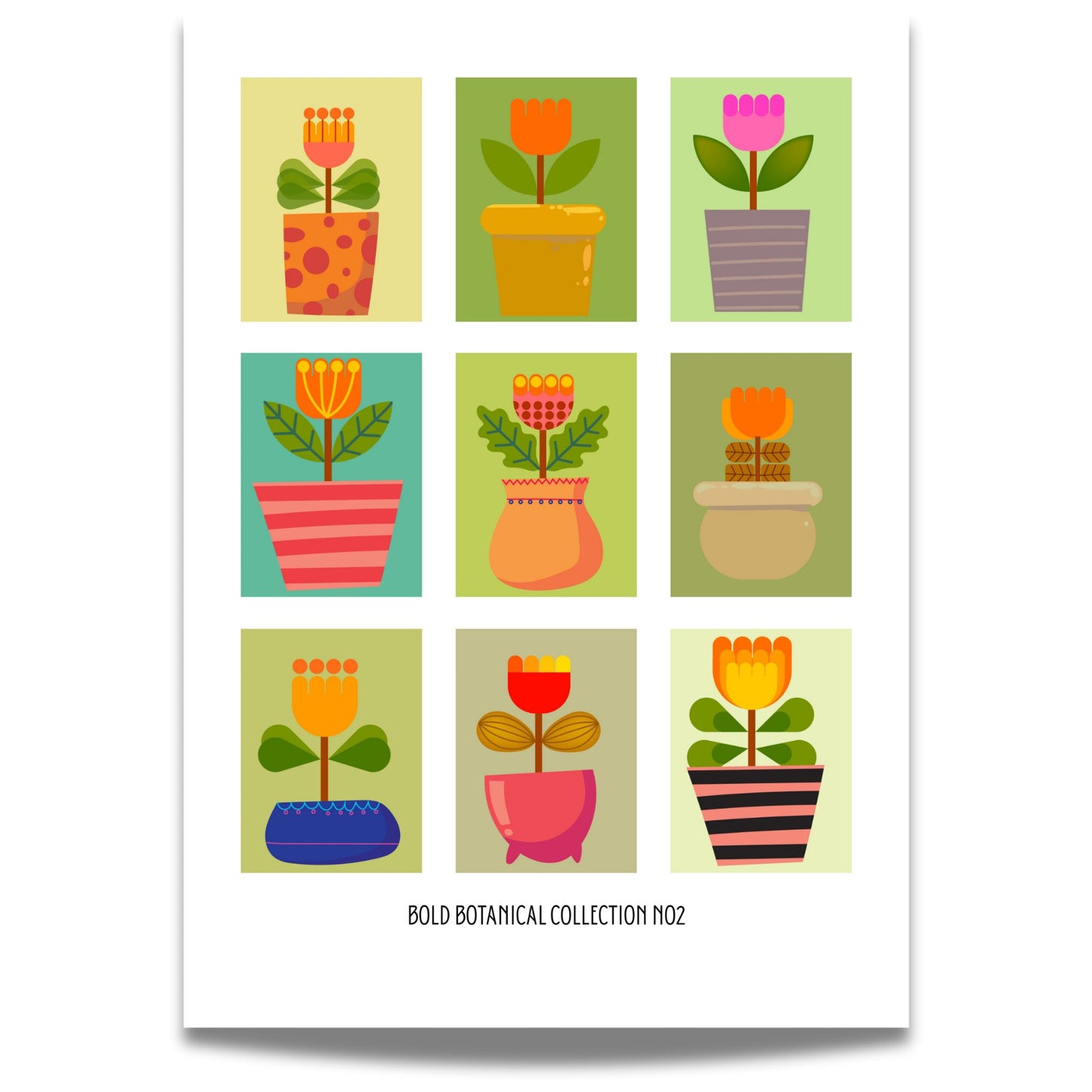 Bold Botanic-plakatene kombinerer stiliserte blomster med grafisk lekenhet, inspirert av retro paletter og moderne flat design.