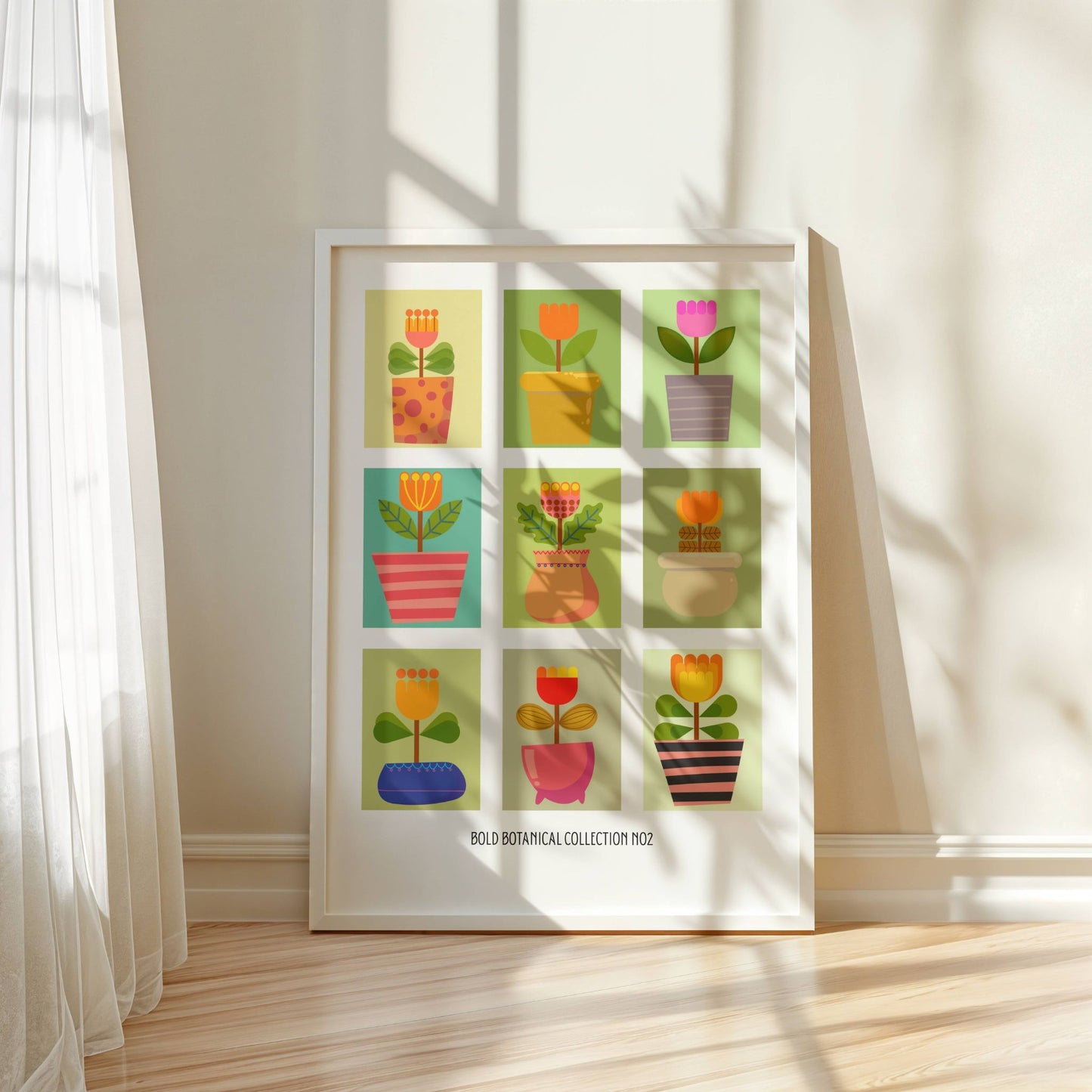 Bold Botanic-plakatene kombinerer stiliserte blomster med grafisk lekenhet, inspirert av retro paletter og moderne flat design. Illustrasjon viser Bold Botanic No2 i hvit ramme.