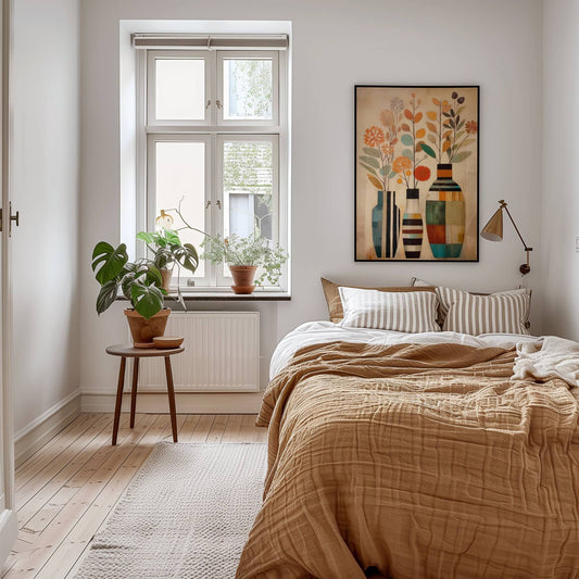 Et fargerikt og stilisert motiv av blomster i vaser. De varme jordtonene, kombinert med livlige blå og oransje detaljer, skaper en harmonisk balanse. Illustrasjon viser motivet som plakat i sort ramme.