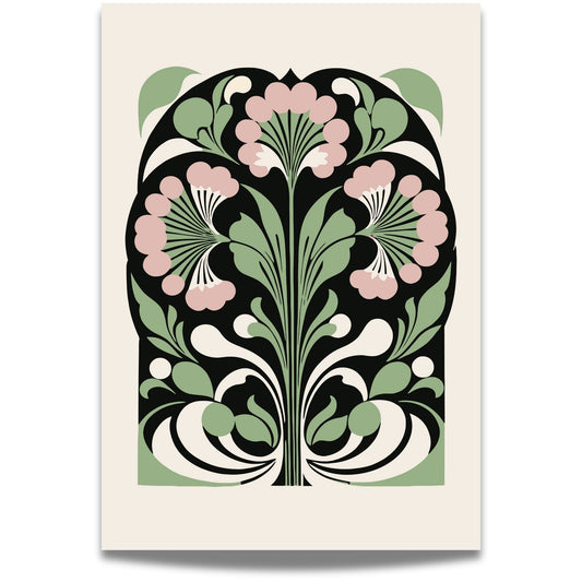 Denne dekorative plakaten er inspirert av den tidløse skjønnheten i Art Nouveau-stilen, og kombinerer myke, organiske linjer med stiliserte blomster i dus rosa og grønt mot en mørk bakgrunn.