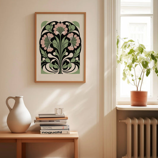Denne dekorative plakaten er inspirert av den tidløse skjønnheten i Art Nouveau-stilen, og kombinerer myke, organiske linjer med stiliserte blomster i dus rosa og grønt mot en mørk bakgrunn. Illustrasjon viser plakat i eik ramme.