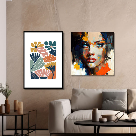 Denne plakaten er 1 av 3 dekorative grafiske motiver i abstrakt botansik mønster. Fargepaletten går i grønn, gul, lys grønn, oransje, rust, gammelrosa og hvit bakgrunn. På bildet henger plakaten i sort ramme på en mellombrun vegg sammen med et bilde av "Brunette med blå øyne".