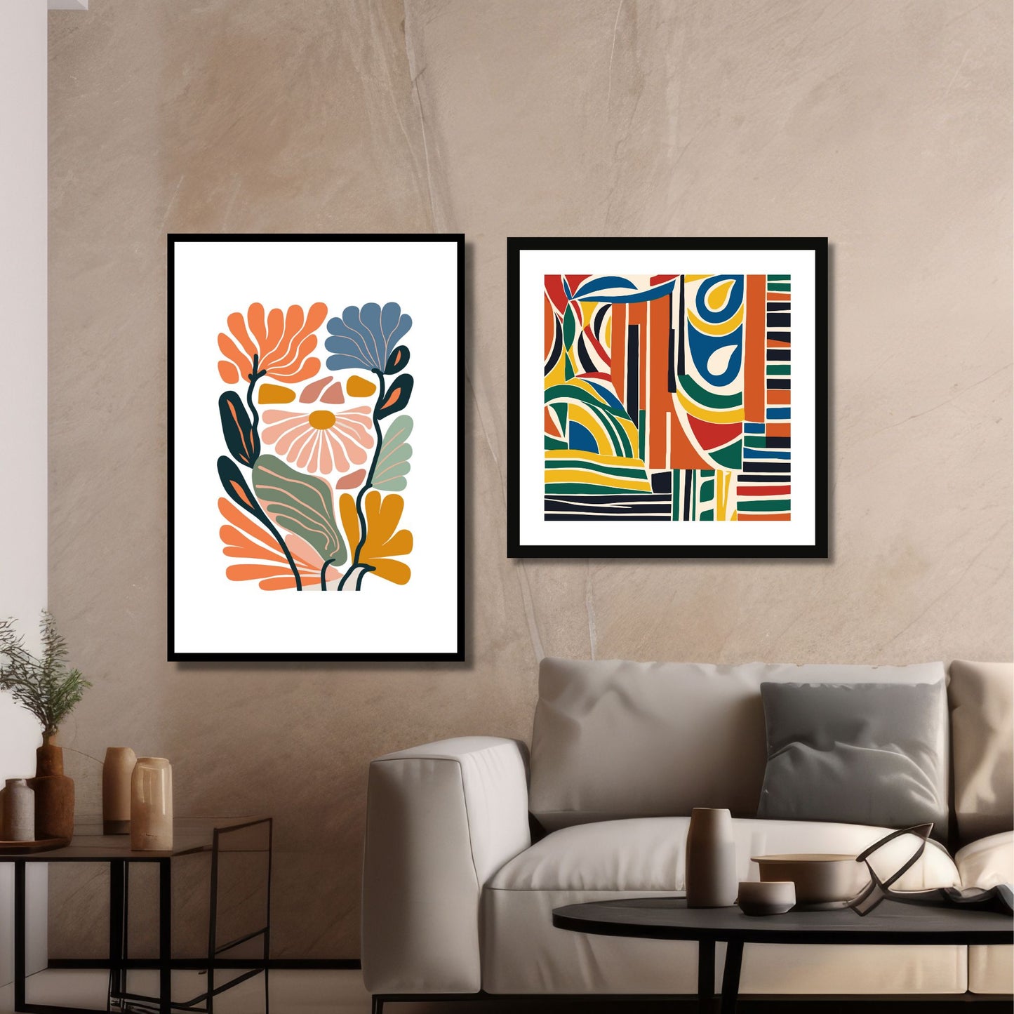 Denne plakaten er 1 av 3 dekorative grafiske motiver i abstrakt botansik mønster. Fargepaletten går i gul, lys grønn, oransje, rust, gammelrosa og hvit bakgrunn. På bildet henger plakaten i sort ramme på en mellombrun vegg sammen med bilde "Abstrakt dream pattern no2".