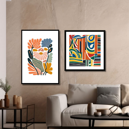 Denne plakaten er 1 av 3 dekorative grafiske motiver i abstrakt botansik mønster. Fargepaletten går i gul, lys grønn, oransje, rust, gammelrosa og hvit bakgrunn. På bildet henger plakaten i sort ramme på en mellombrun vegg sammen med bilde "Abstrakt dream pattern no2".