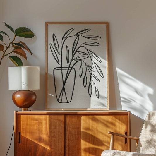 Skap en rolig og stilren atmosfære med Botanisk Eleganse, en minimalistisk line art-plakat som kombinerer enkelhet og kunstnerisk finesse. illustrasjon viser plakat i eik ramme.