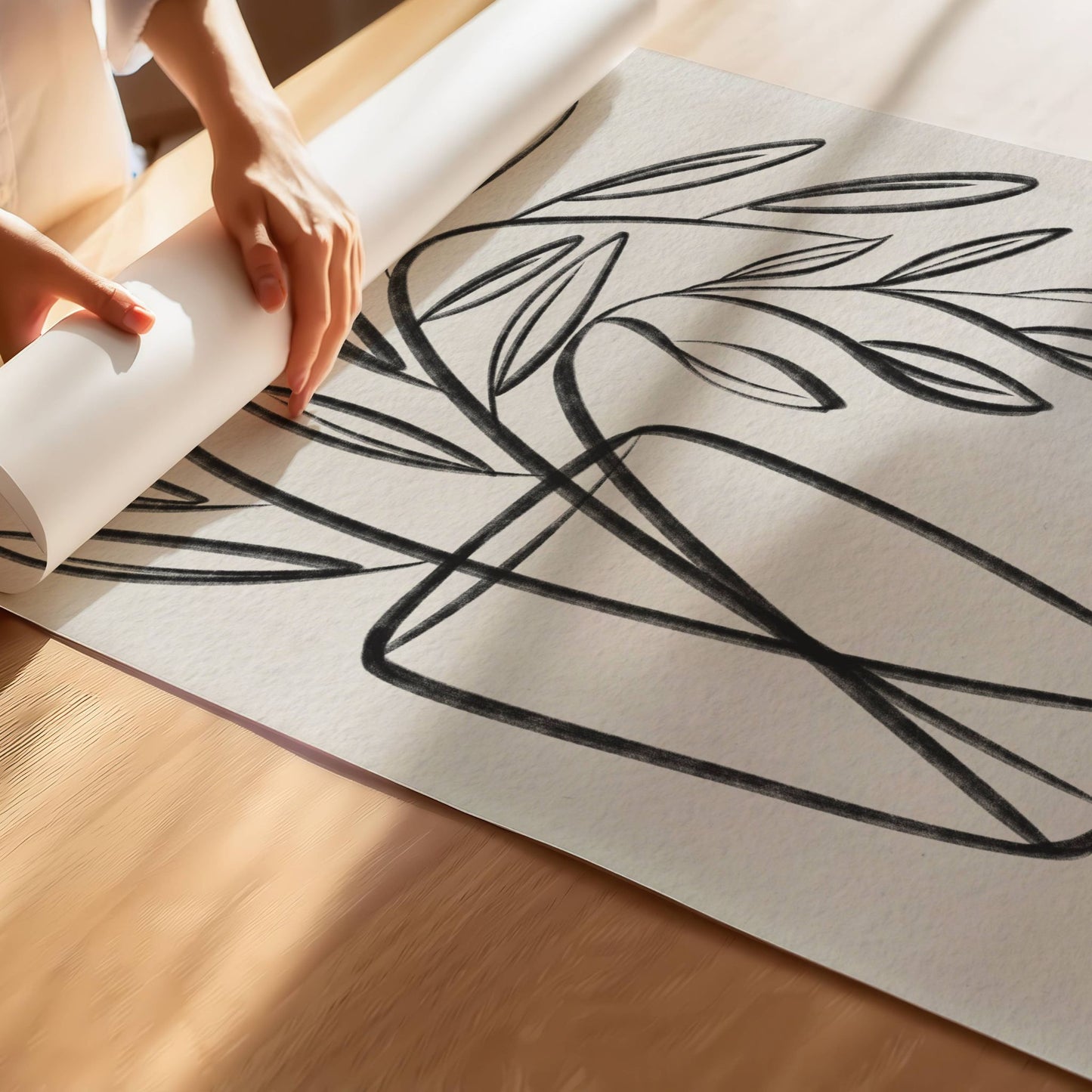 Skap en rolig og stilren atmosfære med Botanisk Eleganse, en minimalistisk line art-plakat som kombinerer enkelhet og kunstnerisk finesse. illustrasjon viser plakat på print.