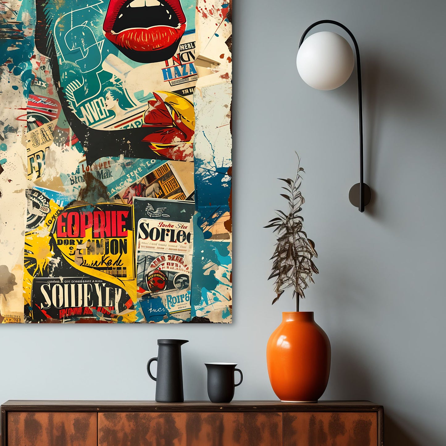 Et abstrakt, grafisk design i en sjarmerende retro stil, og et motiv av et fascinerende dameansikt. Illustrasjonsfoto av motiv på lerret.