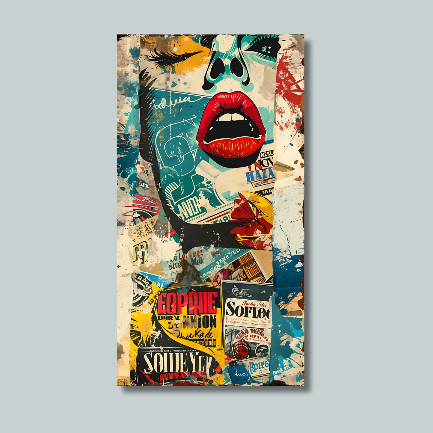 Et abstrakt, grafisk design i en sjarmerende retro stil, og et motiv av et fascinerende dameansikt. Illustrasjonsfoto av motiv på lerret.