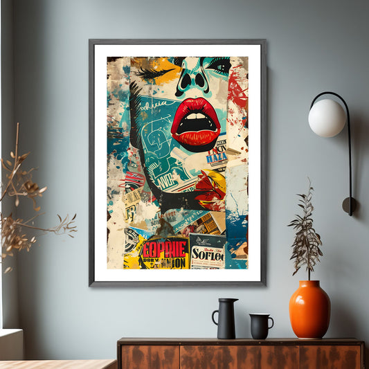 Et abstrakt, grafisk design i en sjarmerende retro stil, og et motiv av et fascinerende dameansikt. Illustrasjonsfoto av plakat i mørk ramme.