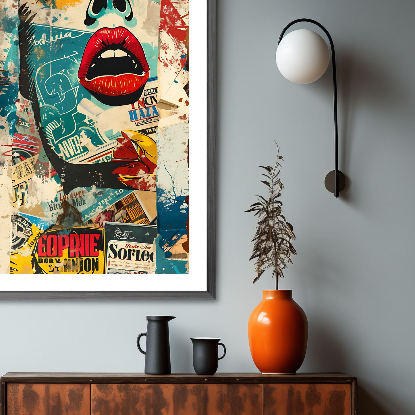 Et abstrakt, grafisk design i en sjarmerende retro stil, og et motiv av et fascinerende dameansikt. Illustrasjonsfoto av plakat i mørk ramme.