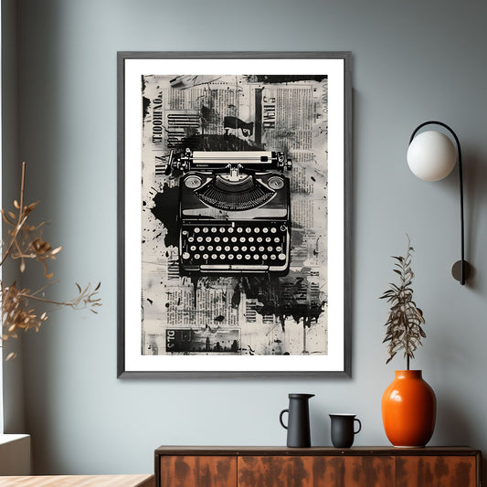 Legg til et unikt preg på interiøret ditt med Captivating Collage. Dette motivet fanger essensen av en gammel skrivemaskin. Illustrasjonsfoto viser plakat i mørk ramme.