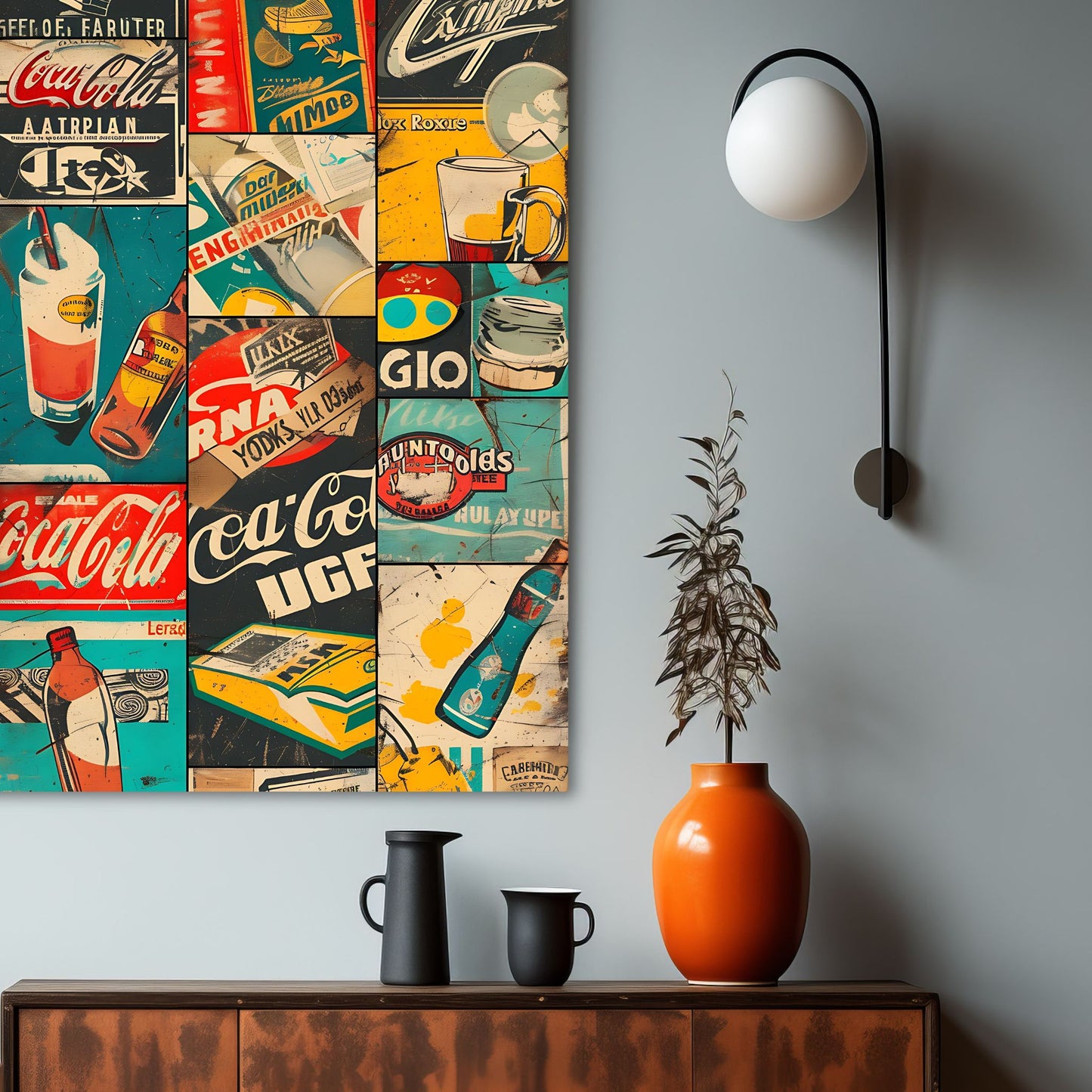 Et abstrakt, grafisk design i en sjarmerende retro stil, og et motiv av Coca Cola reklameplakater. Illustrasjonsfoto viser motivet på lerret.
