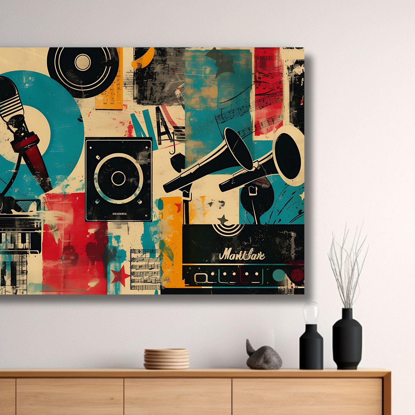 Et abstrakt, grafisk design i en sjarmerende retro stil, og et motiv fra musikkverdenen. Illustrasjonsfoto viser motivet på lerret.