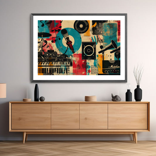 Et abstrakt, grafisk design i en sjarmerende retro stil, og et motiv fra musikkverdenen. Illustrasjonsfoto viser motivet som plakat i mørk ramme.