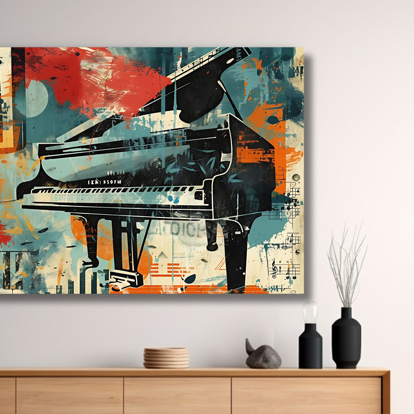 Et abstrakt, grafisk design i en sjarmerende retro stil, og hovedmotiv av et flygel. Illustrasjonsfoto viser motivet på lerret.