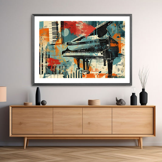 Et abstrakt, grafisk design i en sjarmerende retro stil, og hovedmotiv av et flygel. Illustrasjonsfoto viser motivet som plakat i mørk ramme.