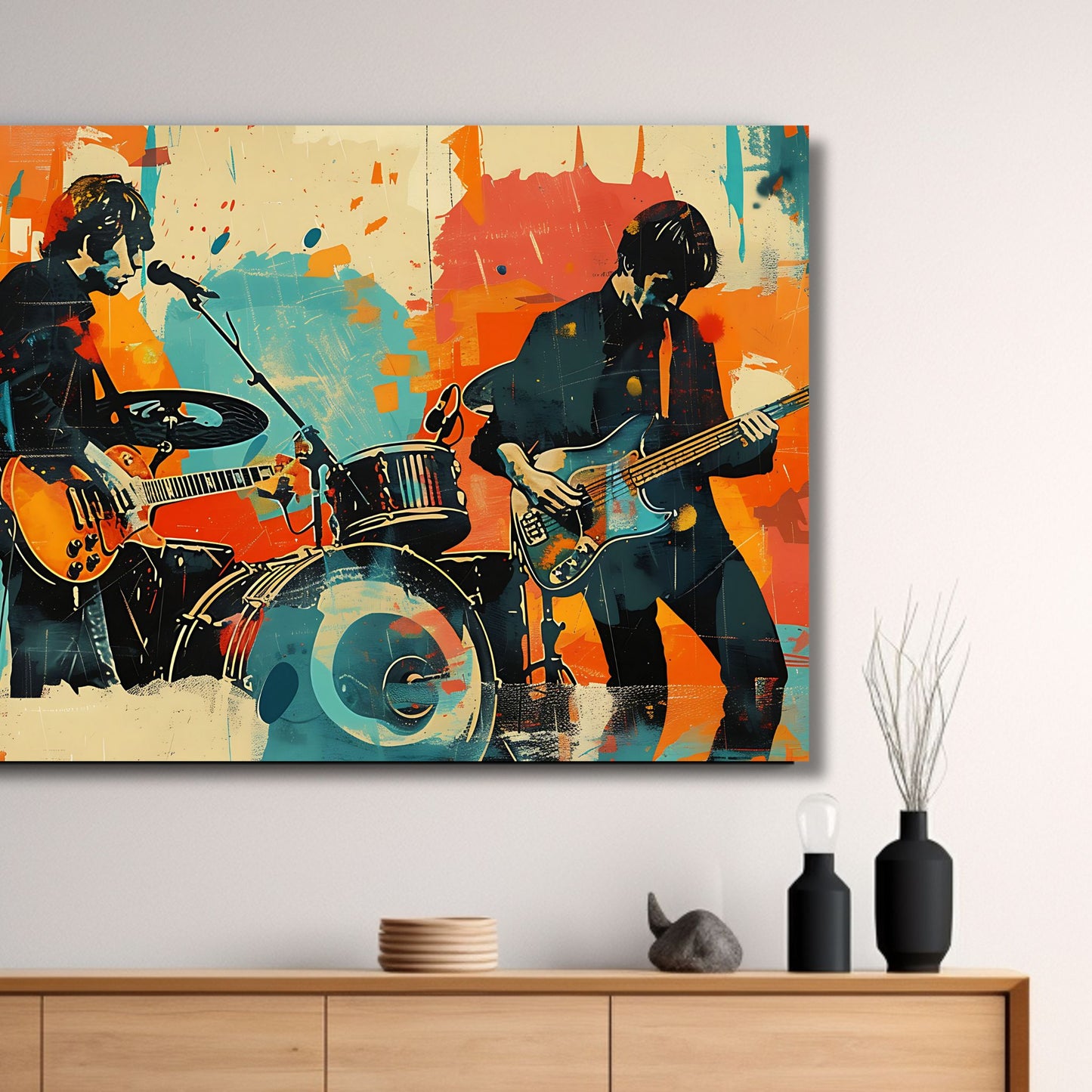 Et abstrakt, grafisk design i en sjarmerende retro stil, og hovedmotiv av to musikerre. Illustrasjonsfoto viser motivet på lerret.