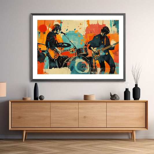 Et abstrakt, grafisk design i en sjarmerende retro stil, og hovedmotiv av to musikerre. Illustrasjonsfoto viser plakat i mørk ramme.