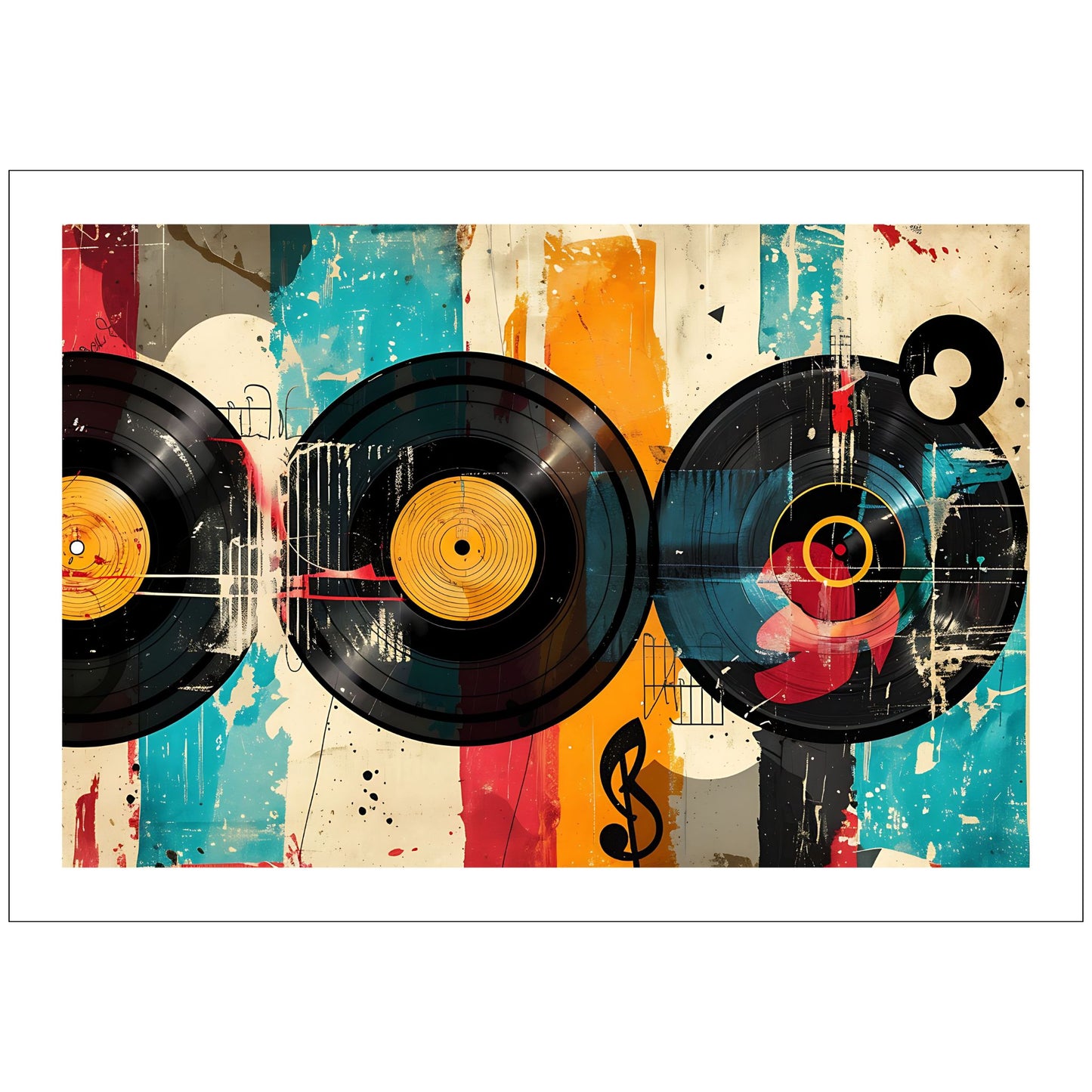 Et abstrakt, grafisk design i en sjarmerende retro stil, og motiv av tre vinylplater.