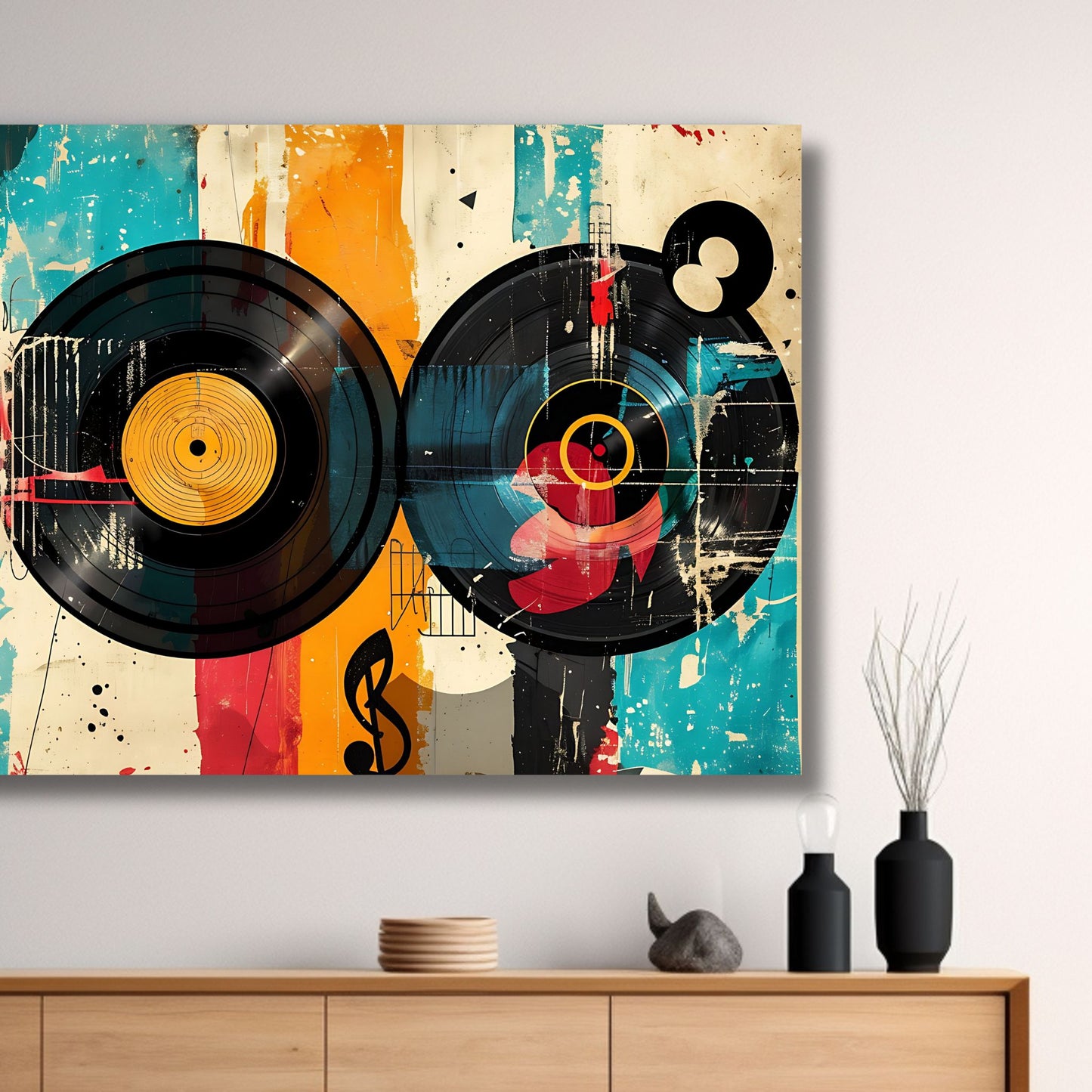 Et abstrakt, grafisk design i en sjarmerende retro stil, og motiv av tre vinylplater. Illustrasjonsfoto viser motiv på lerret.