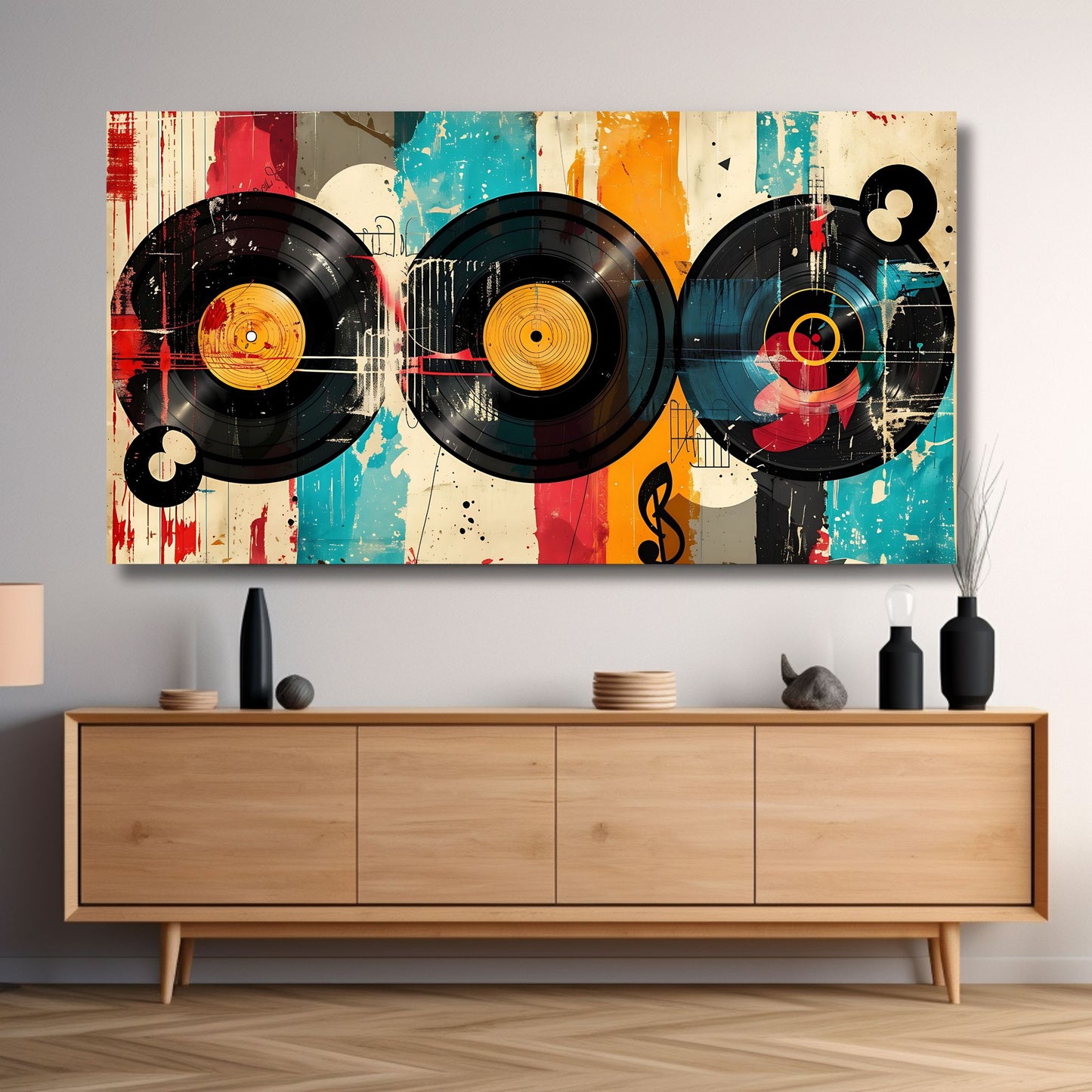 Et abstrakt, grafisk design i en sjarmerende retro stil, og motiv av tre vinylplater. Illustrasjonsfoto viser motiv på lerret.