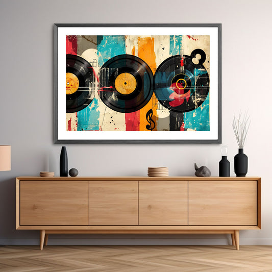 Et abstrakt, grafisk design i en sjarmerende retro stil, og motiv av tre vinylplater. Illustrasjonsfoto viser plakat i mørk ramme.