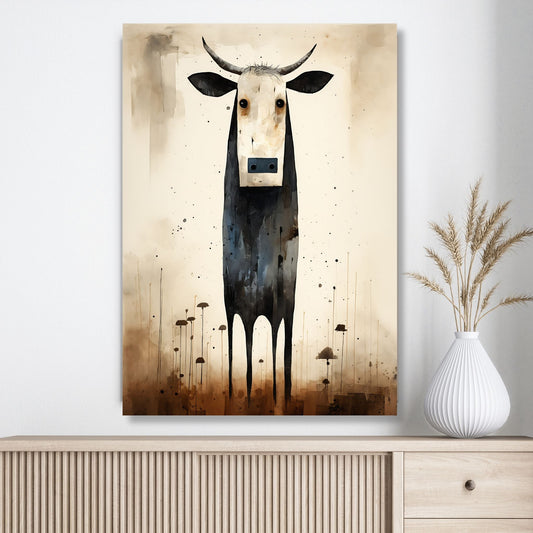Grafisk maleri av en ku med sort kropp og hvitt ansikt, satt mot en varm beige bakgrunn. illustrasjonen viser motivet på lerret.