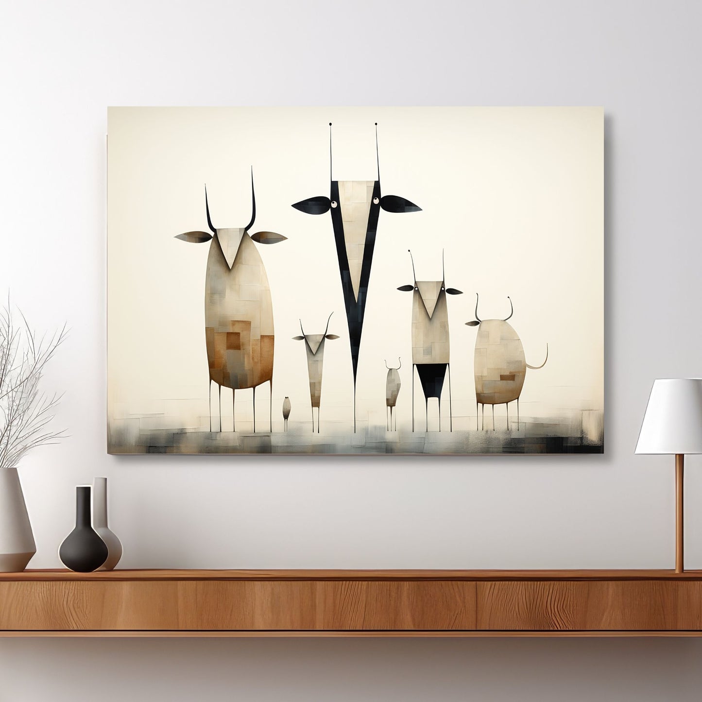 Grafisk maleri av flere kyr, satt mot en varm beige bakgrunn. illustrasjonen viser motivet på lerret.