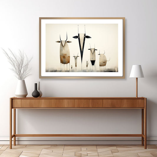 Grafisk maleri av flere kyr, satt mot en varm beige bakgrunn. illustrasjonen viser motivet som plakat i en ramme.