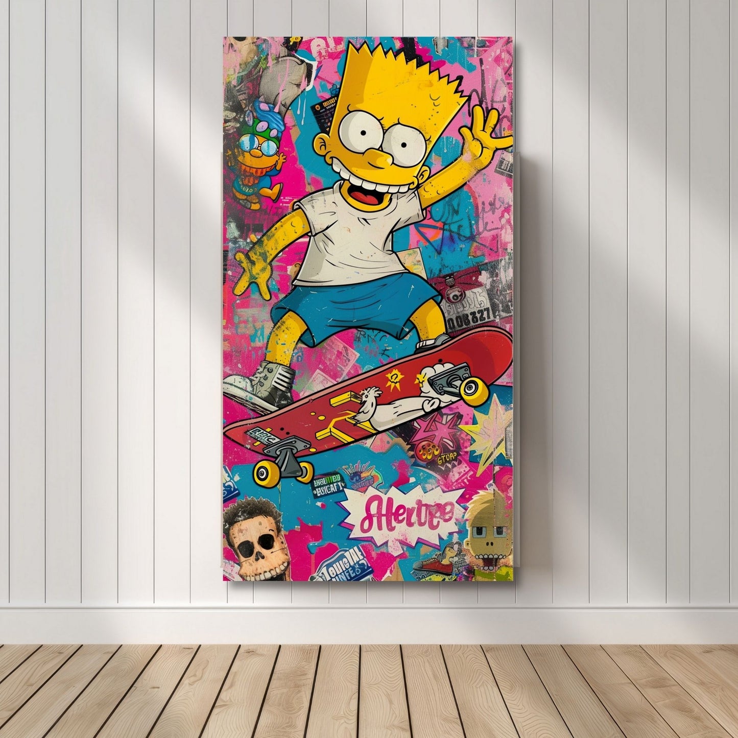 Bring liv og energi til ditt hjem med "Cartoon Skater", en levende og dynamisk grafisk illustrasjon. Plakat i et abstrakt mønster og eksplosive farger, inkludert turkis, rosa og gult. Illustrasjonsfoto av motivet på lerret.