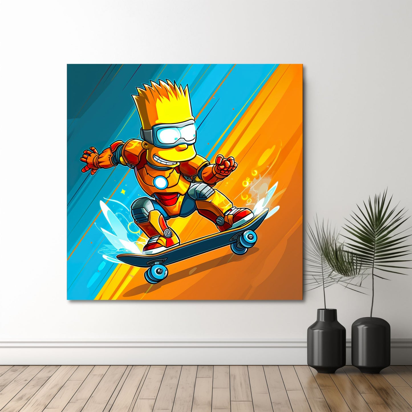 Bring liv og energi til ditt hjem med "Cartoon Skater", en levende og dynamisk grafisk illustrasjon. Plakat i et abstrakt mønster og eksplosive farger. Illustrasjonsfoto viser motivet på lerret.