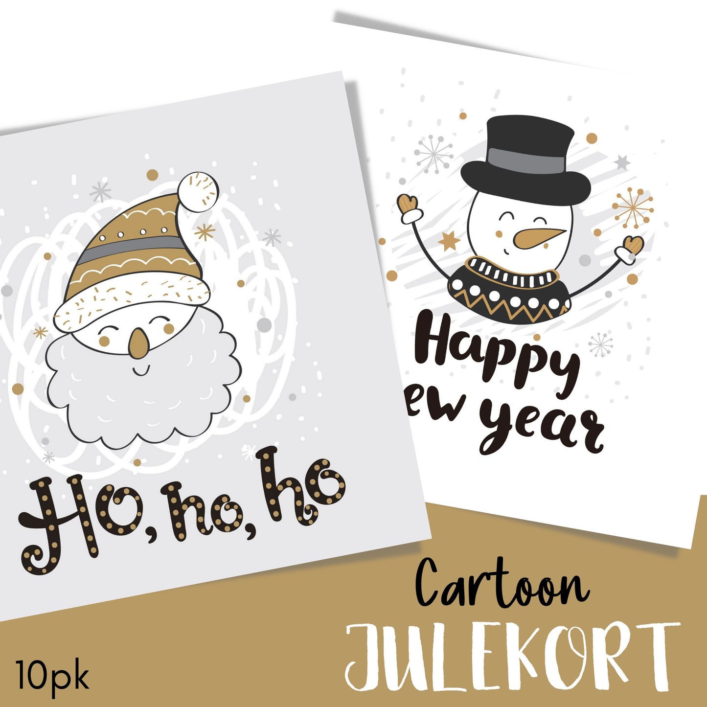 Minimalistiske cartoon julekort tegnet for hånd. Pakke med 10 ulike kort.