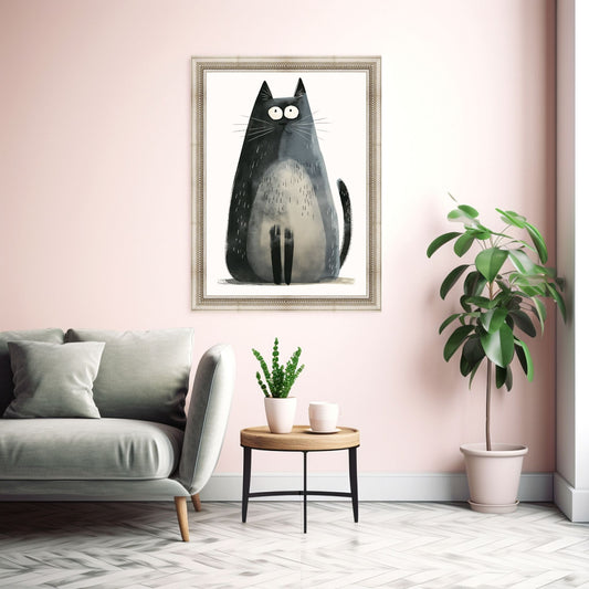 Grafisk illustrasjon av en grå, stor katt som sitter. Den har et stolt uttrykk. Motivet fås som plakat og lerret. Illustrasjonsbilde av plakat i ramme.