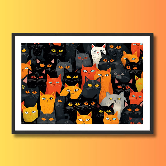 En unik grafisk illustrasjon som fanger essensen av en gruppe fargerike og sjarmerende katter. Illustrasjonen viser motivet som plakat i svart ramme.