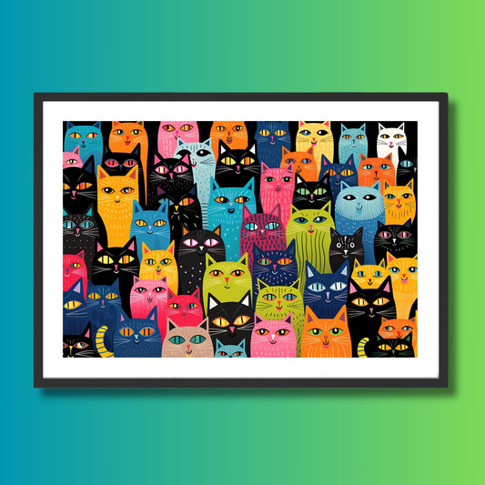 En unik grafisk illustrasjon som fanger essensen av en gruppe fargerike og sjarmerende katter. Illustrasjonen viser motivet som plakat i svart ramme.