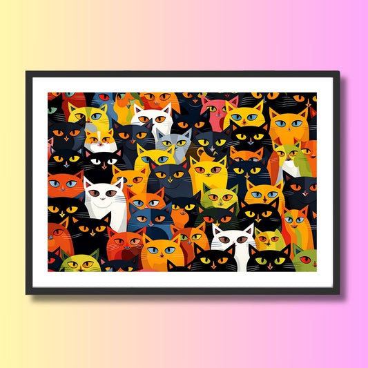 En unik grafisk illustrasjon som fanger essensen av en gruppe fargerike og sjarmerende katter. Illustrasjonen viser motivet som plakat i svart ramme.
