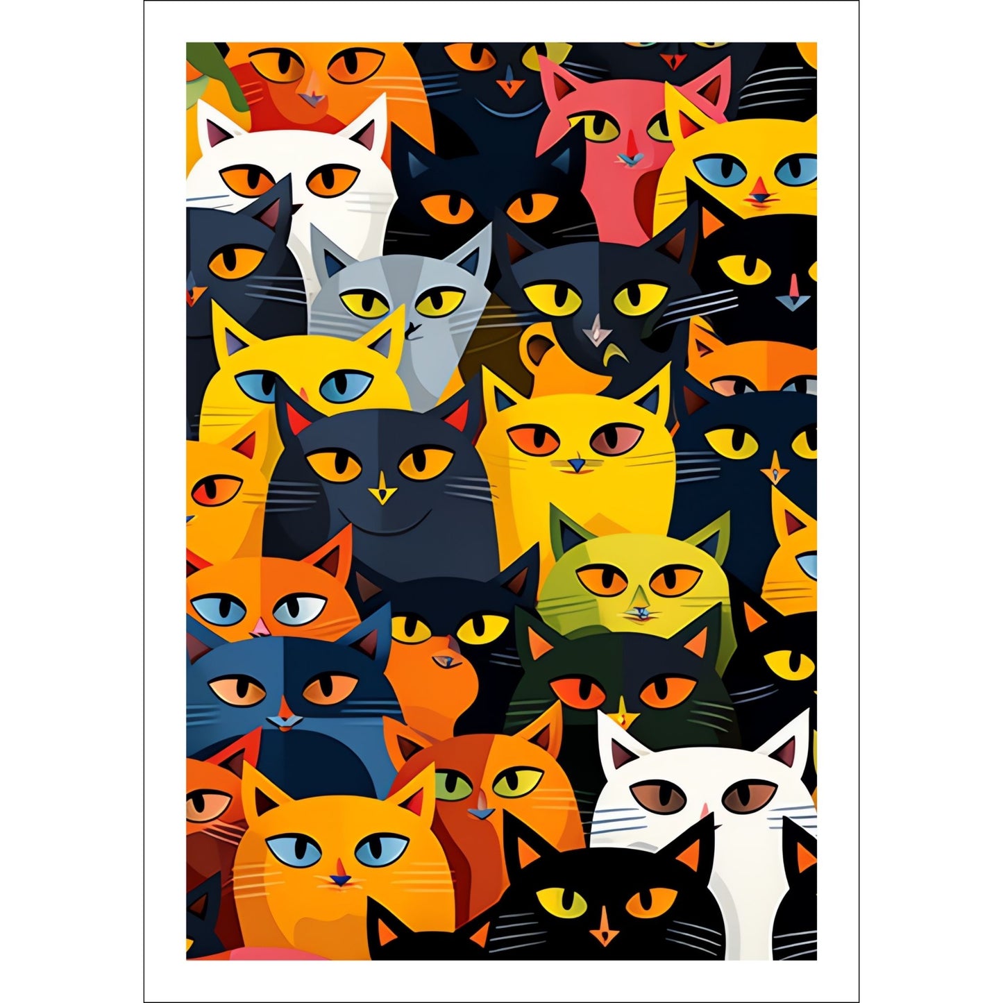 En unik grafisk illustrasjon som fanger essensen av en gruppe fargerike og sjarmerende katter.