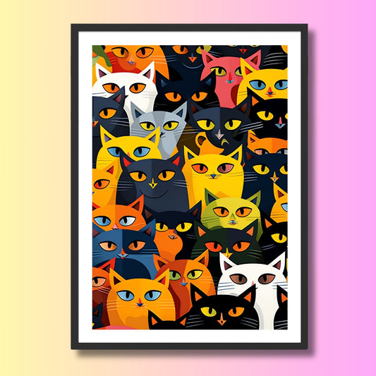 En unik grafisk illustrasjon som fanger essensen av en gruppe fargerike og sjarmerende katter. Illustrasjonen viser motivet som plakat i svart ramme.
