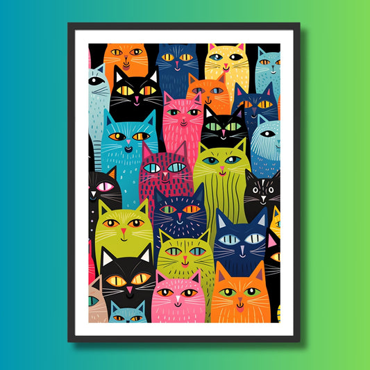 En unik grafisk illustrasjon som fanger essensen av en gruppe fargerike og sjarmerende katter. Illustrasjonen viser motivet som plakat i svart ramme.