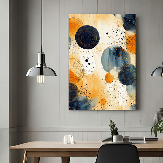 Circkle Art No1 - Grafisk akvarell i oransje, beige og blått. Illustrasjonsbilde viser motivet som lerret.