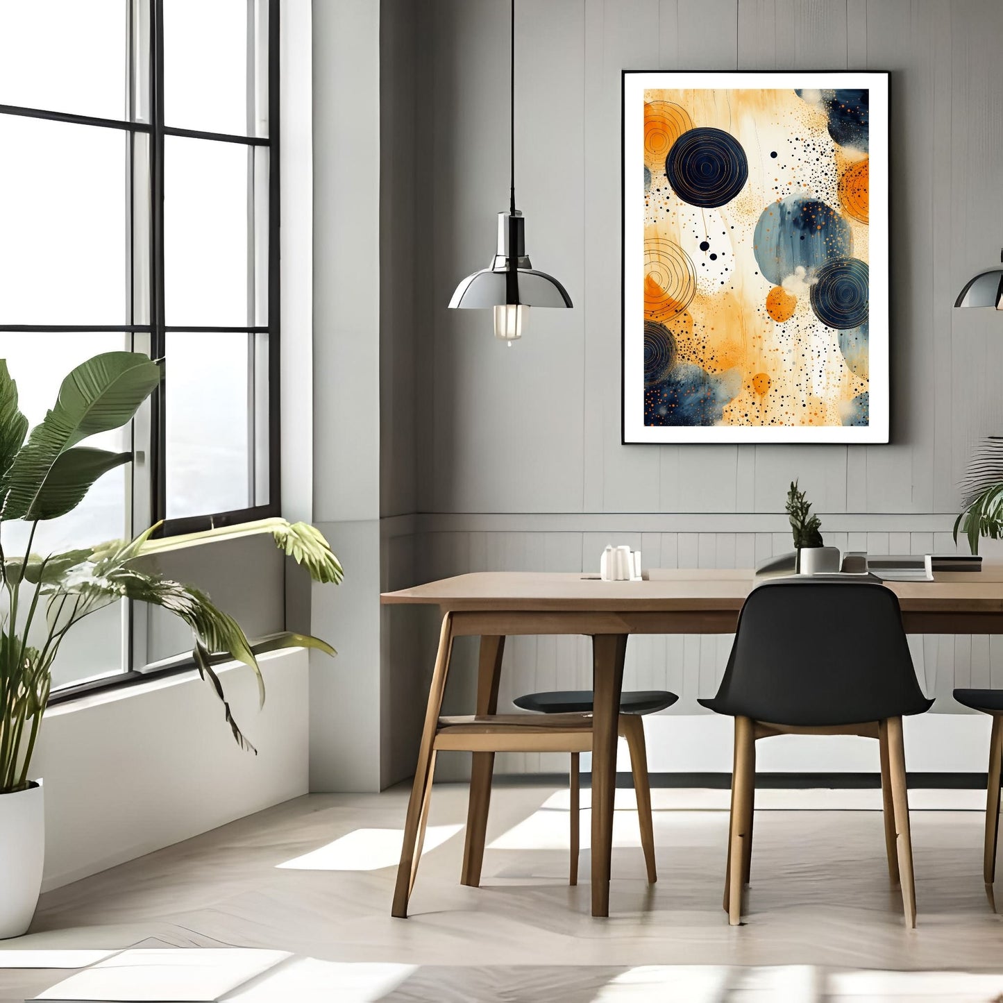 Circkle Art No1 - Grafisk akvarell i oransje, beige og blått. Illustrasjonsbildet viser motive som plakat i mørk ramme.