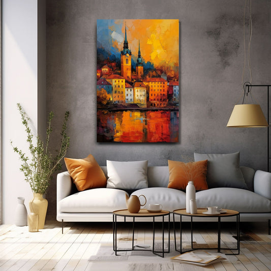 Grafisk oljemaleri av en pittoresk by ved vannet, hvor to majestetiske kirketårn ruver opp mot horisonten. Byen som bader i farger av kveldssolen, skaper et malerisk bilde av ro og skjønnhet. Illustrasjon viser motivet på lerret.