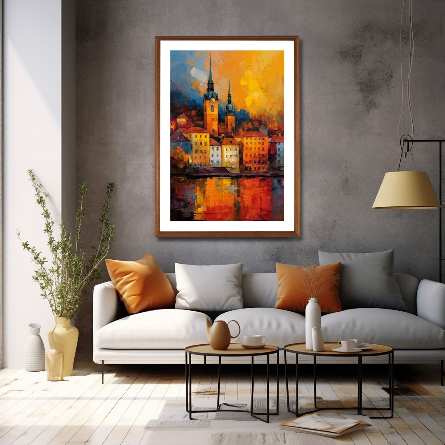 Grafisk oljemaleri av en pittoresk by ved vannet, hvor to majestetiske kirketårn ruver opp mot horisonten. Byen som bader i farger av kveldssolen, skaper et malerisk bilde av ro og skjønnhet. Illustrasjon viser motivet som plakat i ramme.