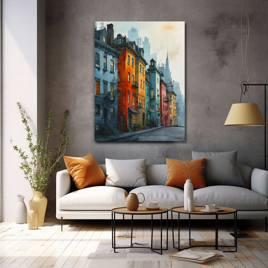 Grafiske illustrasjon av en bygate med fargerike hus i rekke. Fås som plakat og lerret. Illustrasjon viser motiv på lerret.