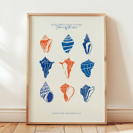 Coastal Whispers No3 – Plakat. Et dekorativt skjellmotiv med ni ulike skjell i korall og marineblått. Illustrasjonen viser plakat i eik ramme.