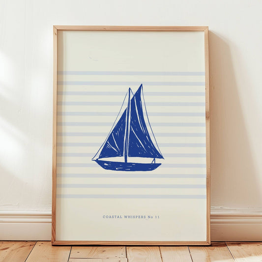 Coastal Whispers No11 – Plakat
En enkel og stilren silhuett av en seilbåt i blått mot horisontale linjer. Perfekt for en minimalistisk og maritim stil. Illustrasjon viser plakat i eik ramme.