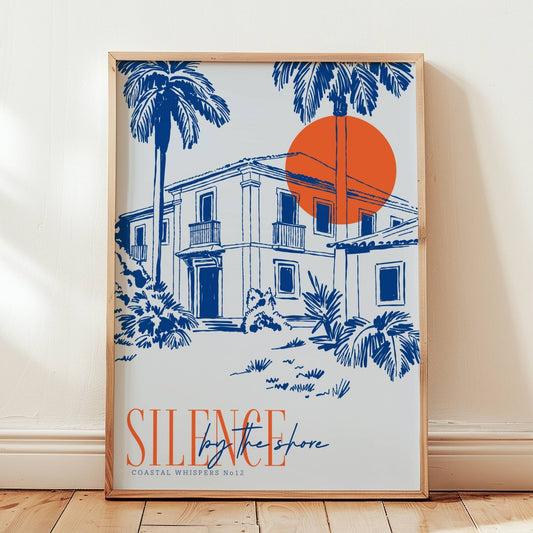 Coastal Whispers No12 – Plakat
Et middelhavsinspirert hus blant palmer, badet i solnedgangens varme oransje med teksten Silence before shore. Et stemningsfullt motiv med poetisk uttrykk. Illustrasjon viser plakat i eik ramme.
