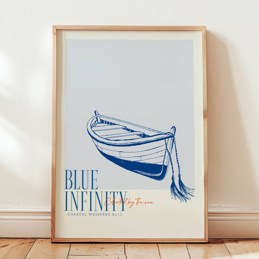 Coastal Whispers No15 – Plakat
En tradisjonell robåt i blå nyanser med teksten Blue Infinity. Et rolig og drømmende motiv for deg som elsker havets uendelighet. Illustrasjon viser plakat i eik ramme.