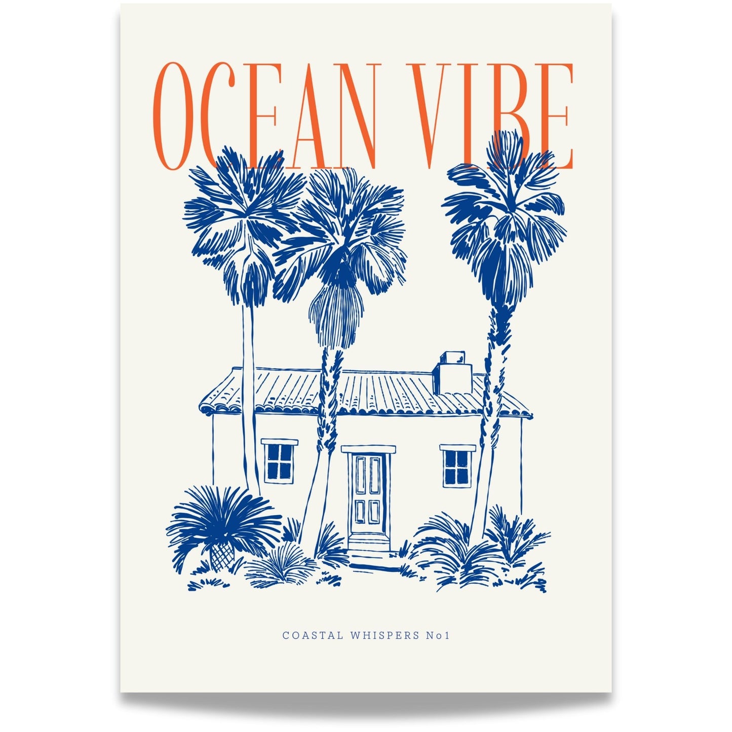 Coastal Whispers No1 - plakat. Et tropisk strandhus omgitt av palmer og vintage typografi med teksten Ocean Vibe.